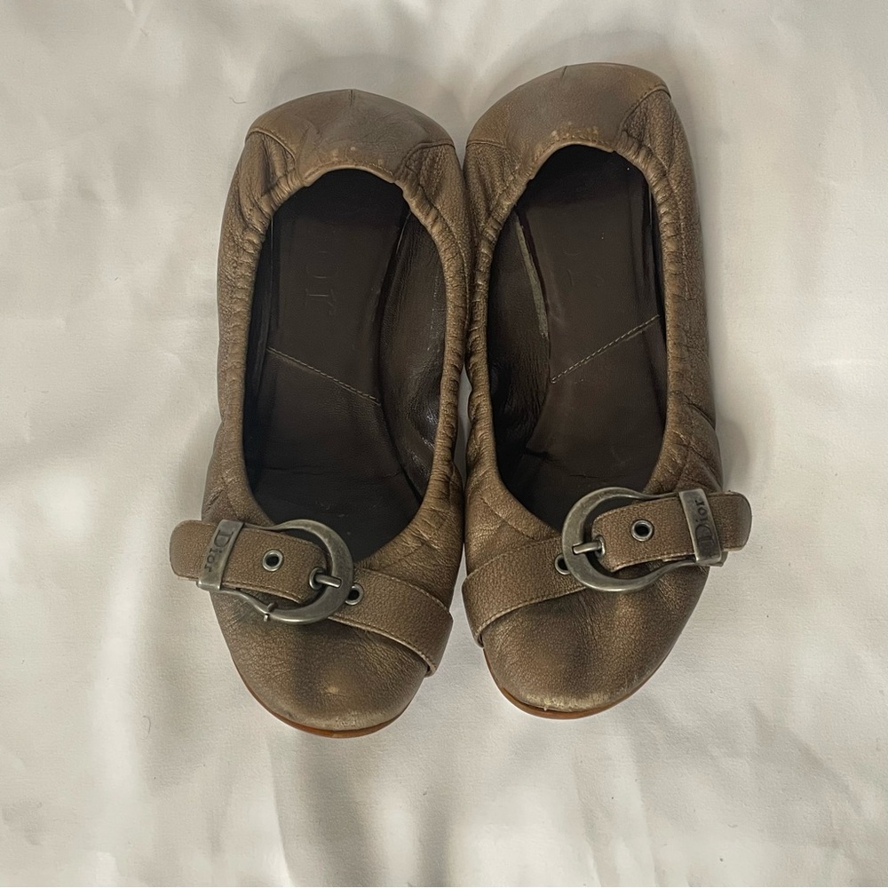 Dior Dark Gold Leather Ballet Flats – Logo Buckle – Size 37